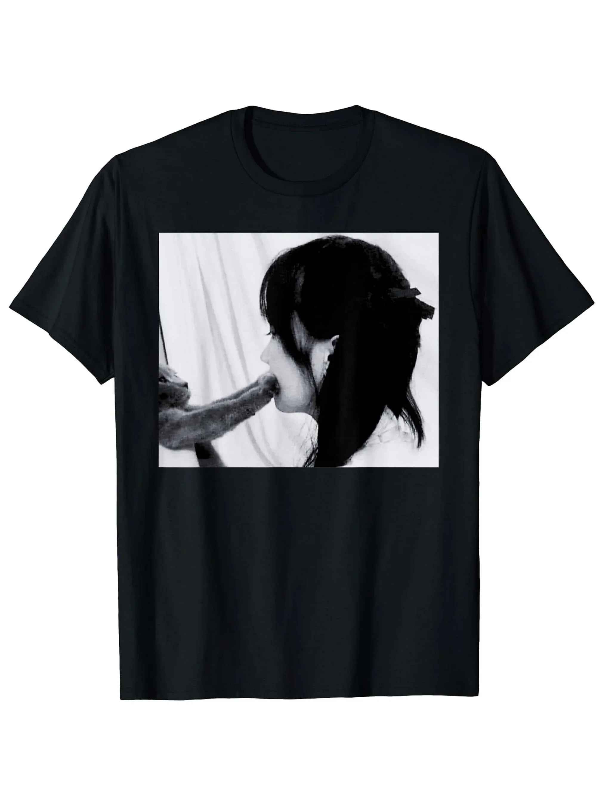 Summer Black Men's Fun Cat Girl Printed Round Neck T-shirt The Best Gift for Cat Lovers Pure Cotton Street Short Sleeved Shirt