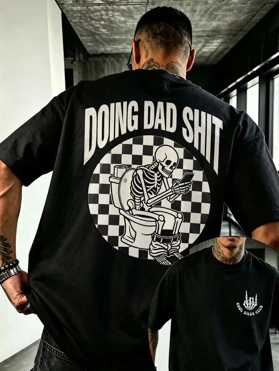 Men Vintage Washed Double Sided Graphic T-Shirt, Skeleton Dad Checkerboard Slogan Print Short Sleeve Casual Back To School Outdoor Daily Top
