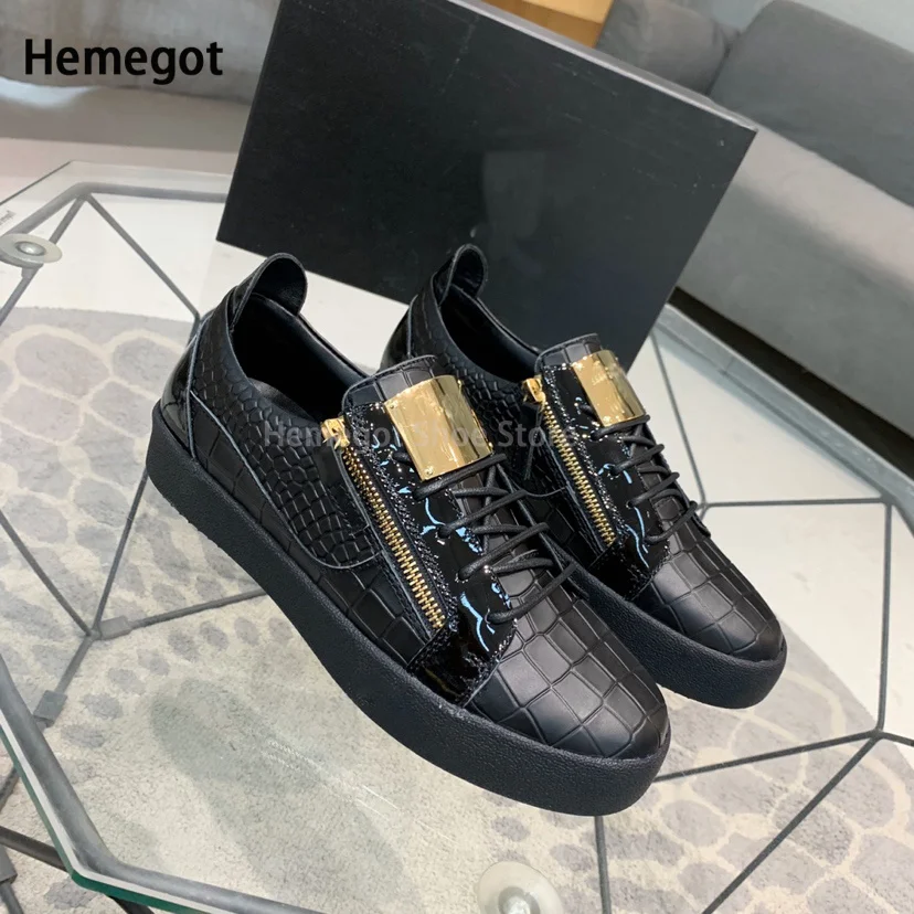 Men\'s Black Round Toe Low Top Sneakers Zipper Lace-Up Shoes Gold Iron Shoes Breathable Head Layer Cowhide Leather Board Shoes