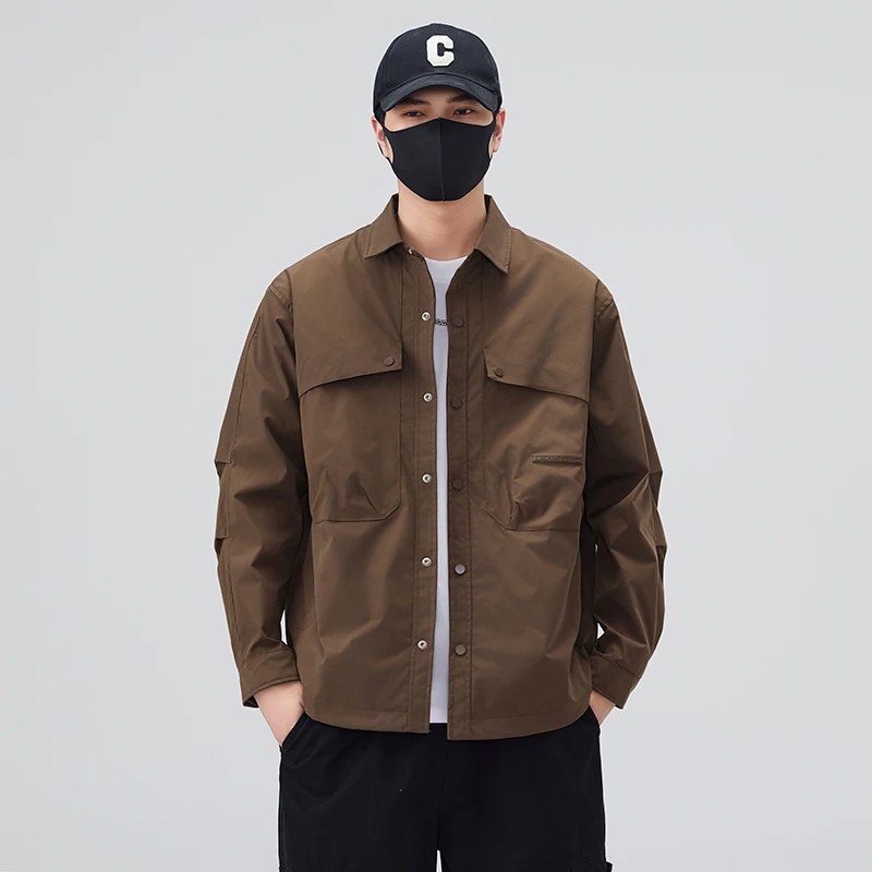 

Trendy American Retro Men's Jaet Spring Autumn New Sle Casual Workwear Long Sve Flip Collar irt Jaet Loose Fit