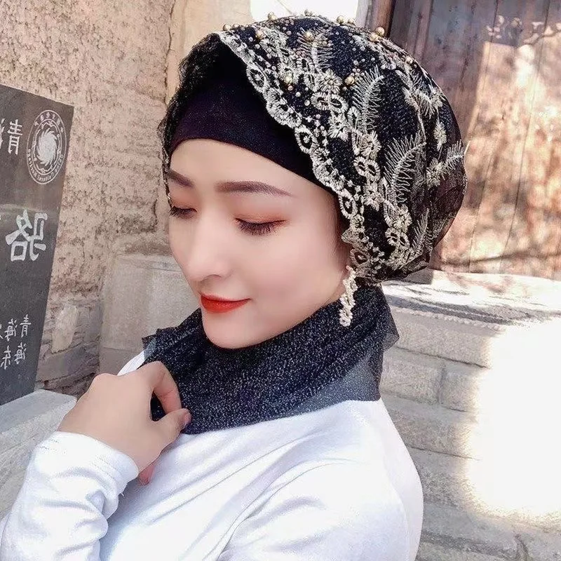 Embroidery Hot Drilling Women\'s Cap Ready to Wear Hijab Scarf Muslim Turban Hijab Retro Head Wraps