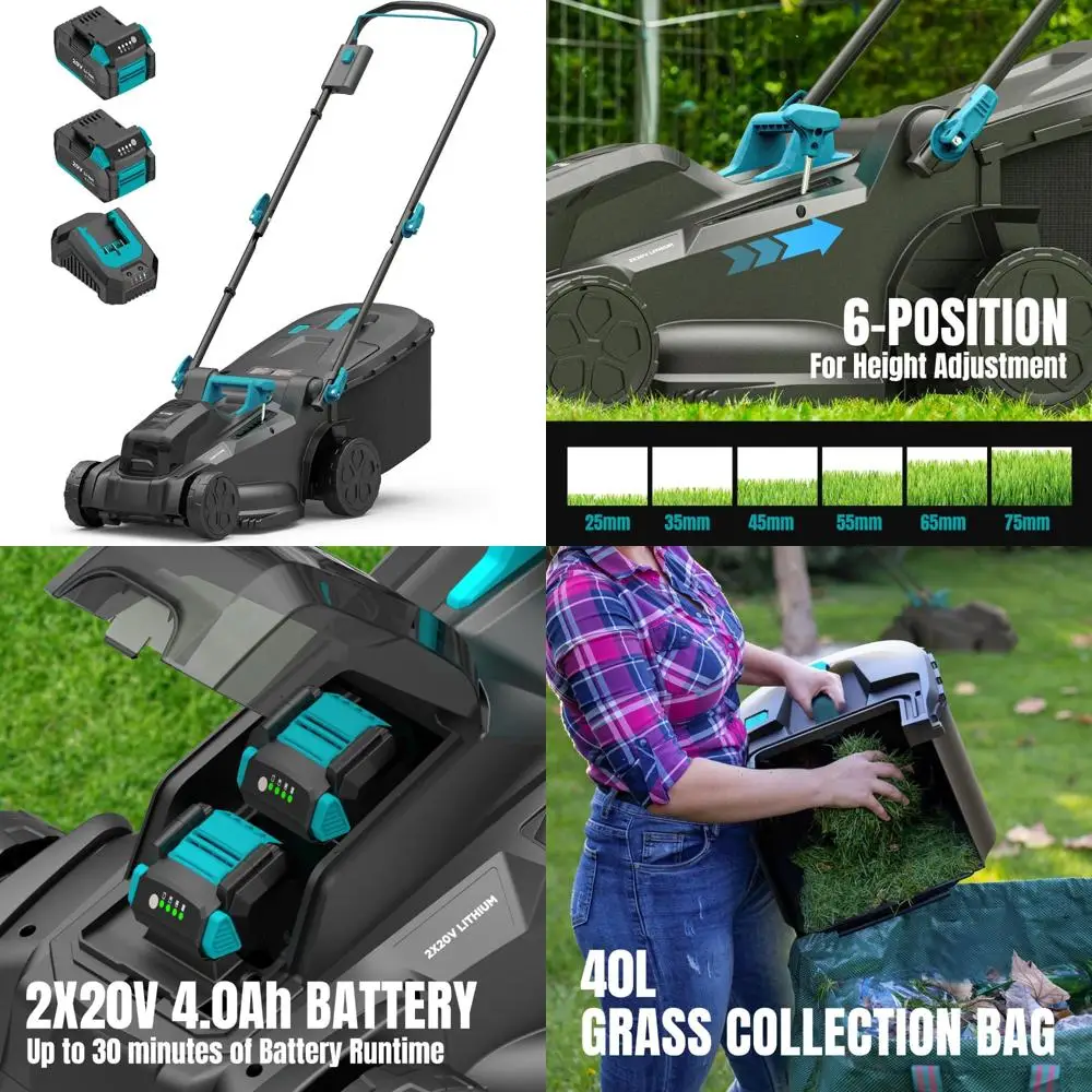 Tondeuse à gazon électrique sans fil, tondeuse à double lame 2x20V 16, réglages de 6 hauteur, piles 2x4.0Ah, coupe haute performance