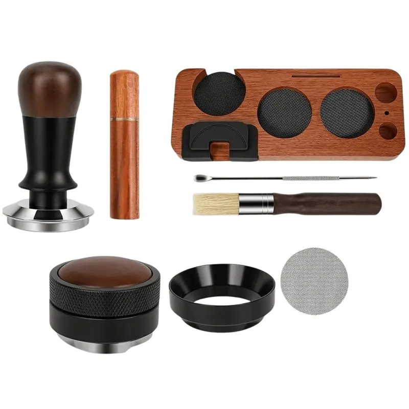RMWIN-Dosing Funnel WDT Tool Espresso Tamper Kit(8PCS) Coffee Tamper Set& Tamping Station Distributor