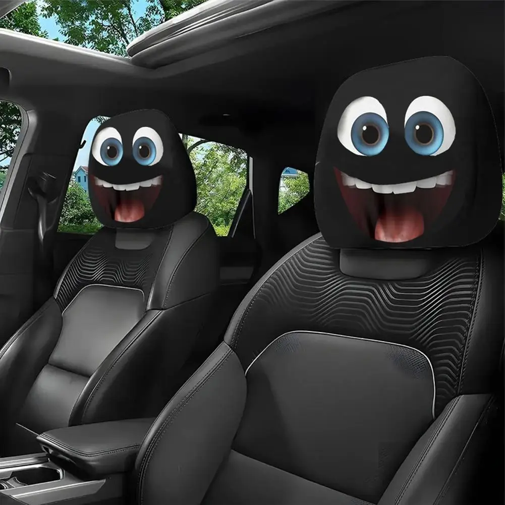 2pcs Smiley Face Printed Car Pillowcase Soft Comfortable Cartoon Car Headrest Covers Washable Universal Decorative Cushion Cover