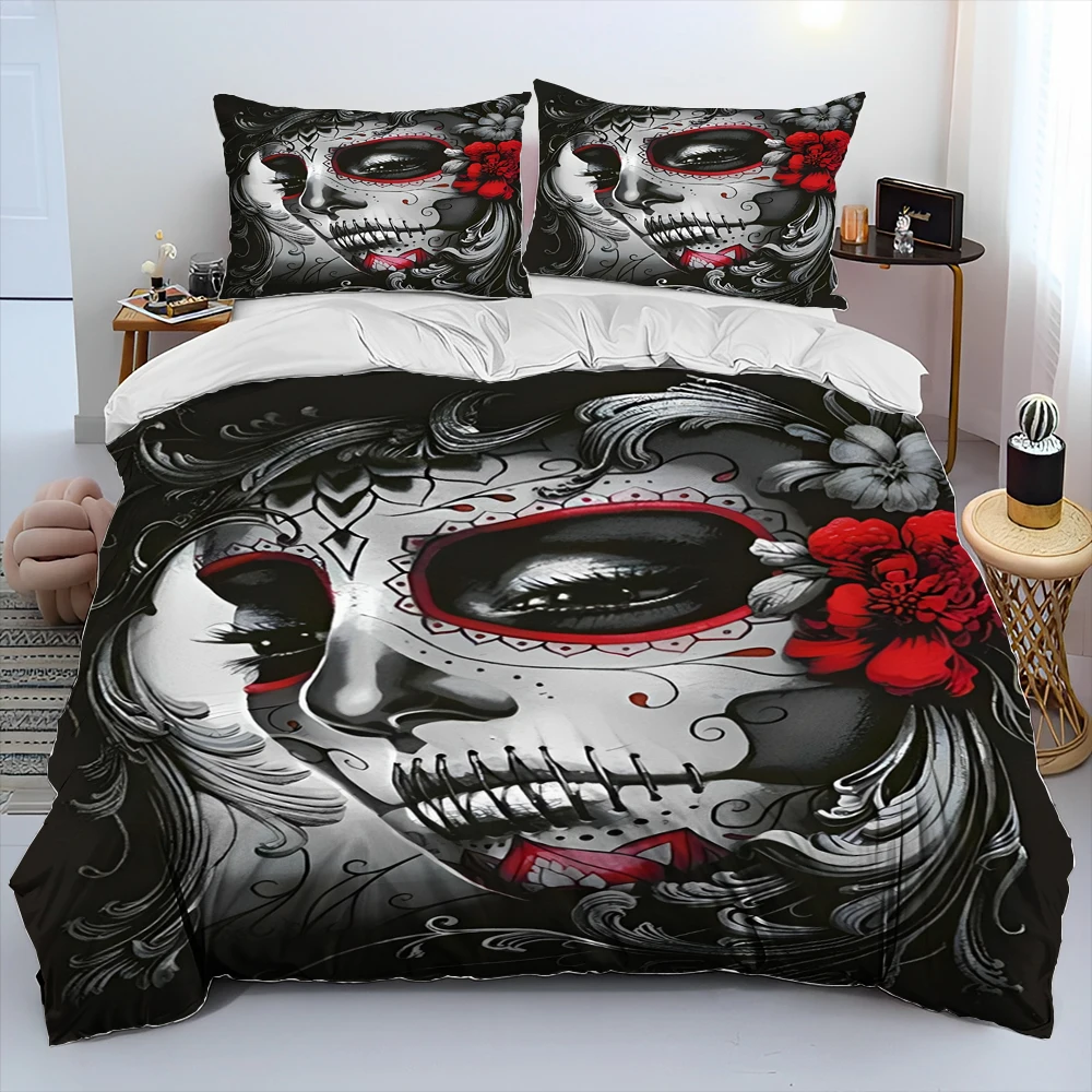 

3D Gothic Horror Female Skull Dead Girl Bedding Set,Duvet Cover Bed Set Quilt Cover Pillowcase,King Queen Size Bedding Set Adult