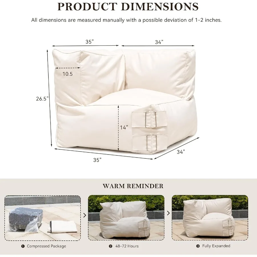 Modular Outdoor Corner Bean Bag Chair 600D Water-Resistant Oxford, High-Density Foam, Dual-Chamber Independent Cushions, Ergono