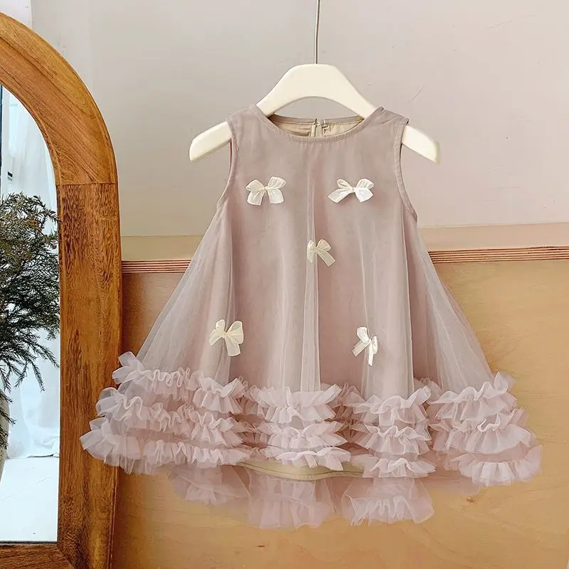 

Summer Toddler Kids Princess Tutu Dress Children Sleeveless Mesh Dresses for Girls Pink Outfits Clothing with Bow 2 3 4 5 6 7 8