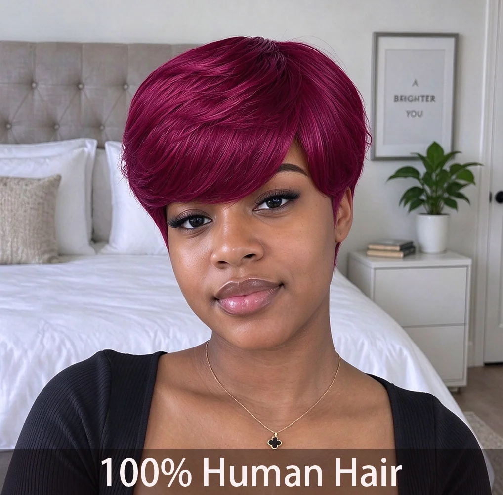Burgundy 99J Pixie Cut Wig Human Hair for Women Full Machine Made Short Straight Hair Wig with Long Bangs for Christmas