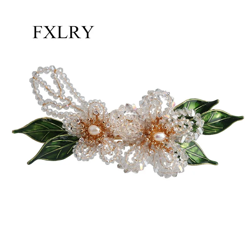 

FXLRY Original Handmade Natural Pearl Crystal Flower Edge Clip Women's Side Exquisite Summer Hair Clip