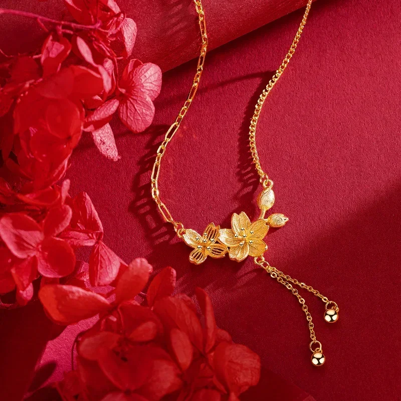 

9999 Real Gold 24K Gold Twin Flower Clavicle Set Chain Wedding Bridal Flower Clavicle Necklace