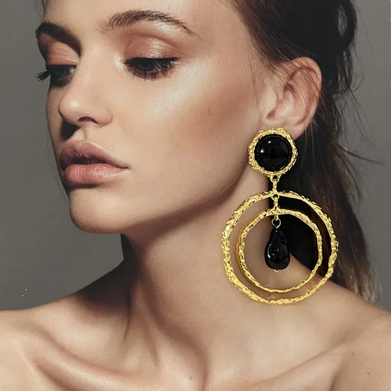 Ruffled Double-Ring Black and Gold Waterdrop Stud Earring Women Girls Gifts Fashion Jewelry Accessories Hot Sale Party Gift 2026