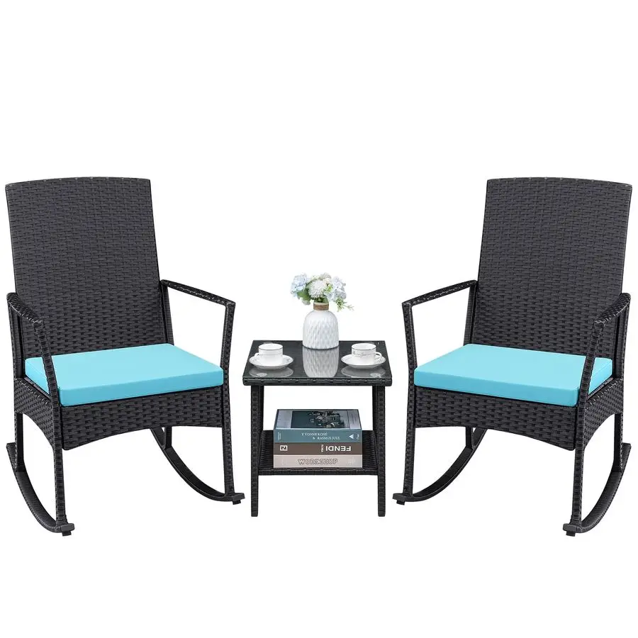 3 Pieces Patio Furniture Set Outdoor Wicker Rocking Chairs with Glass Coffee Table for Garden Backyard Porch Poolside, Blue