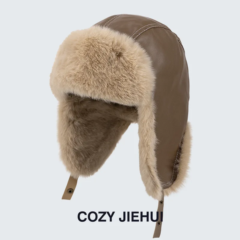 Gorro de piloto Retro, Protector de orejas grueso de invierno, gorra de locomotora, sombrero de bombardero de Material Pu para clima frío, Camping al aire libre