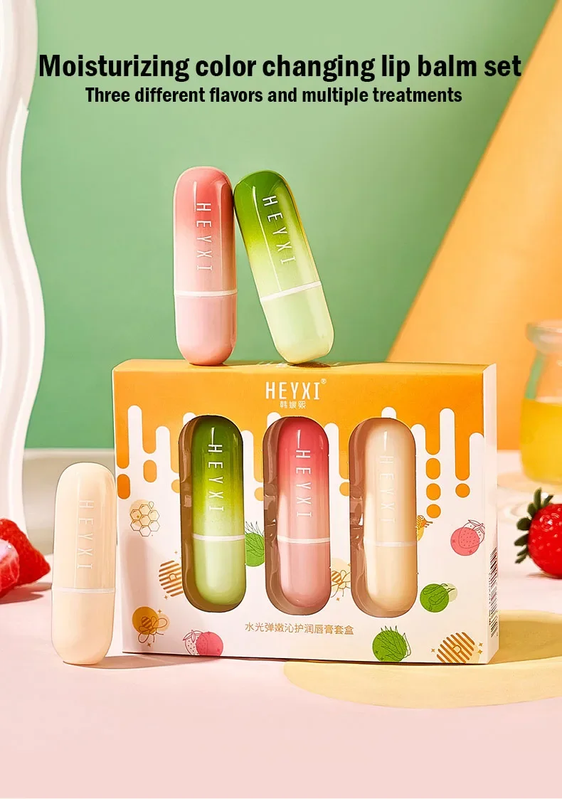 3pcs/Set Fruits Lip Balm Sets Temperature Color Change Moisturizing Nourishing Hydrating Lipstick Kits Lips Skin Care Products