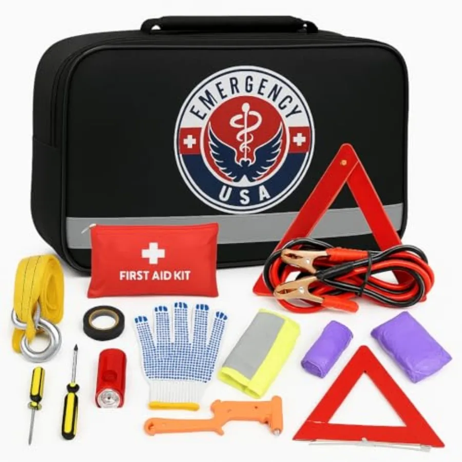

Roadside Car Emergency Kit - First Aid Set Jumper Cables Tow Strap LED Flash Light Rain Coat Tire Pressure Gauge Safety Vest an