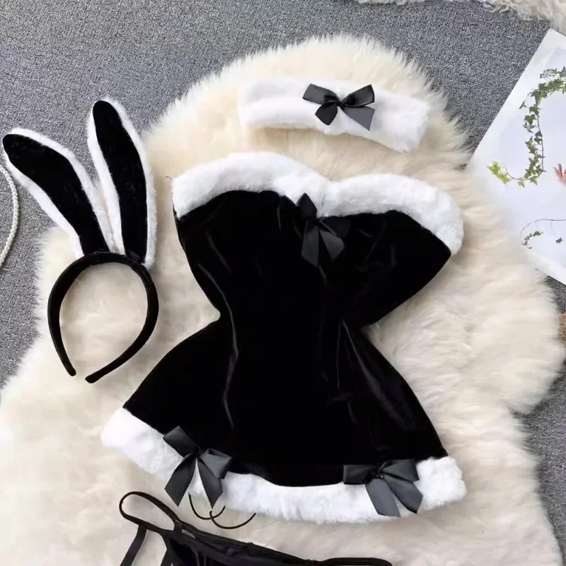 Sweet Bunny Christmas Lingerie Women Sexy Nightgowns Soft Velvet Off Shoulder Cute Rabbit Dress Lenceria Sexys Para Mujer Fina