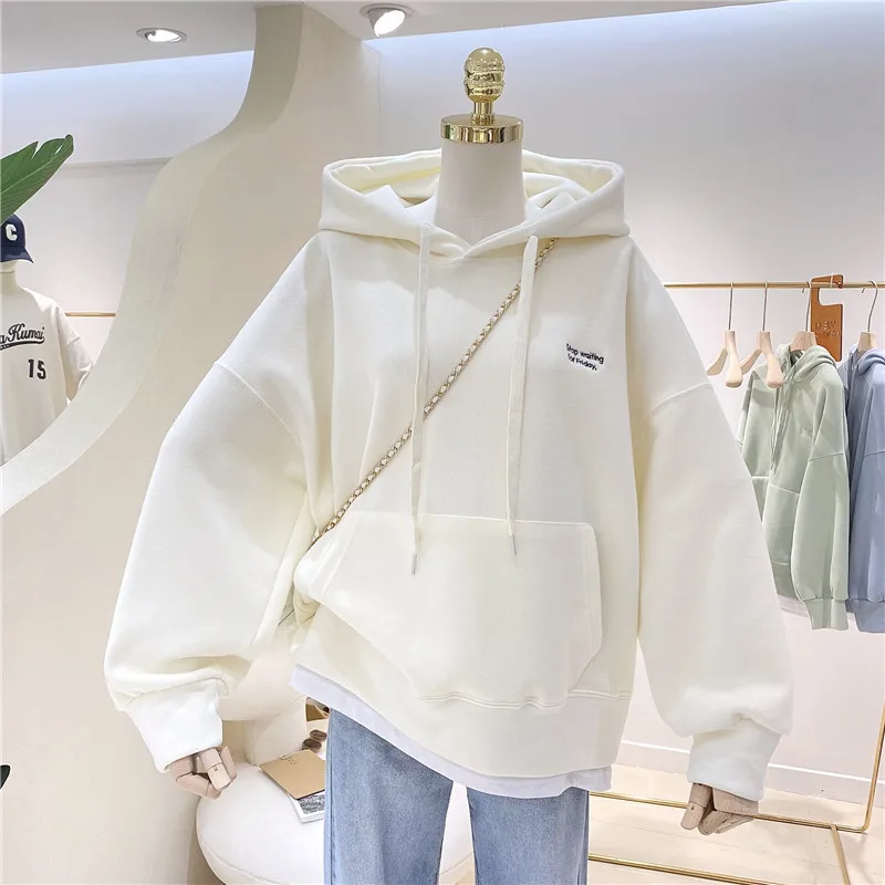 Women Solid Hoodies Sweatshirts Loose Long Sleeve Tops Casual Sporty Thick Warm Ladies Pockets Hooded Pullover Sweatshirt