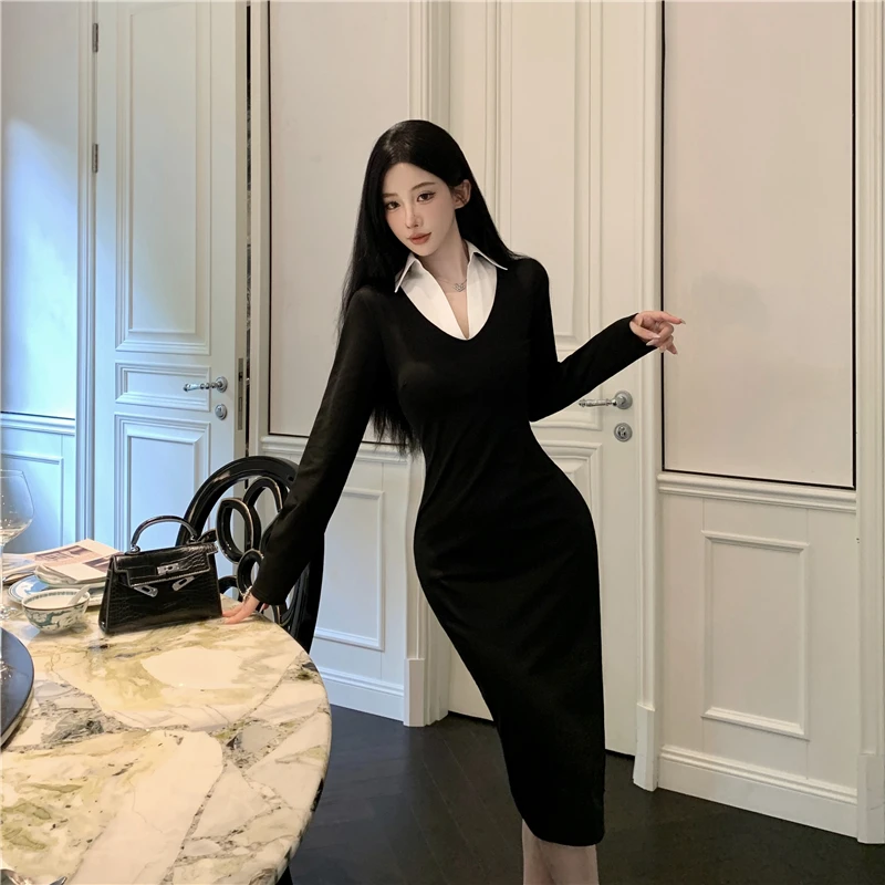 التخسيس لصق تصميم Ne Long Sve V-Ne مثير Ele الخريف الشتاء جديد Sle المرأة الدكتور عالية الخصر ألف خط تنورة