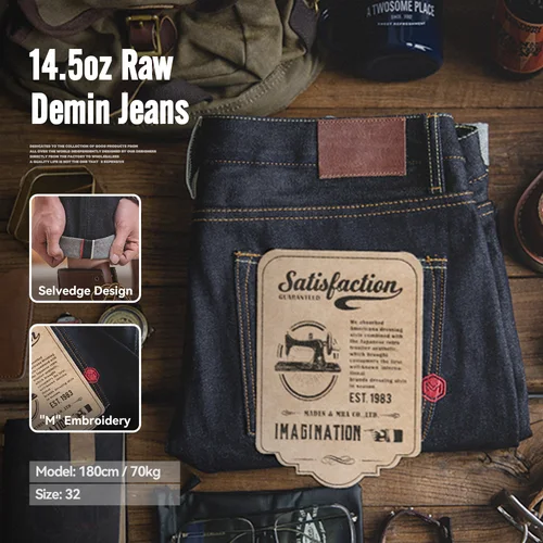 Maden Retro 14,5 oz Selvedge Raw Denim para hombres Jeans con cremallera YKK Fly bordado Jeans rectos pantalones clásicos de color sólido