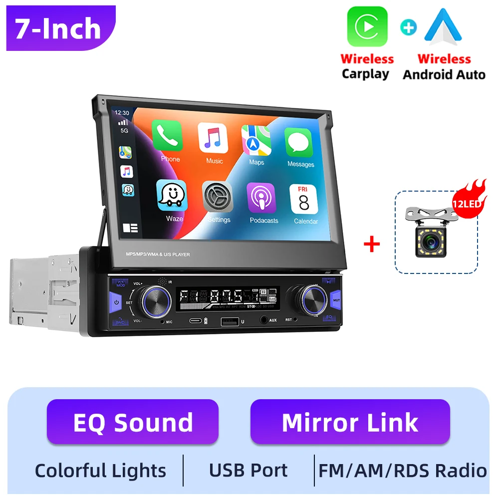 Podofo 7'' 1 DIN Handmatig intrekbaar scherm Auto-multimediaspeler Draadloos Carplay Android Auto Autoradio Bluetooth FM