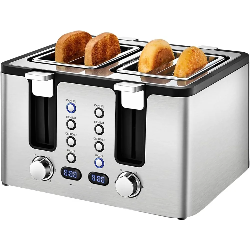 

4 Slice Toaster, Stainless Steel 4 Slot Toasters, Bagel/Defrost/Reheat Functions, 6 Browning Settings, Bread Toaster 1500W