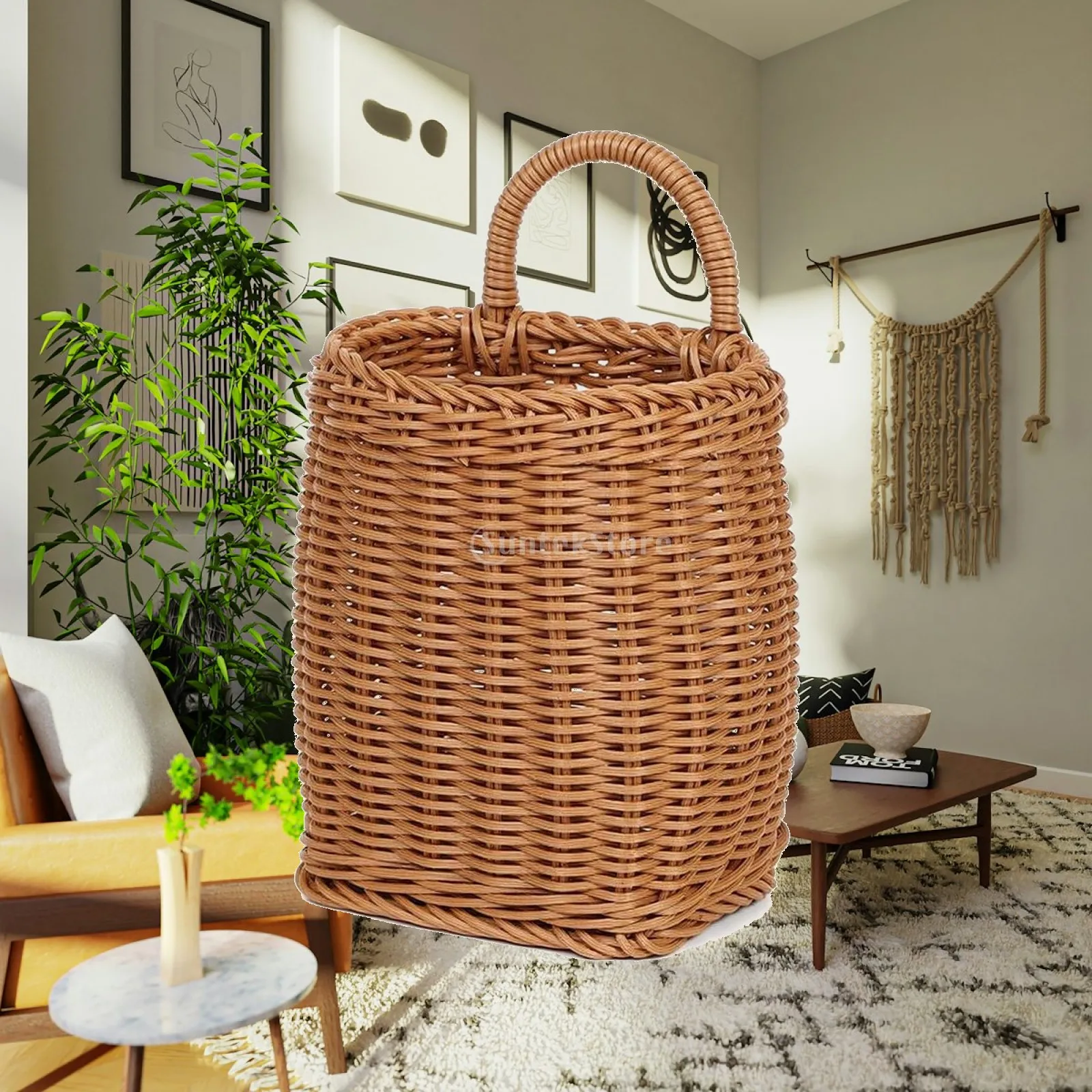 Rustic Brown Woven Basket for Kitchen Counter Storage with Arch Handle for Small Items Organization