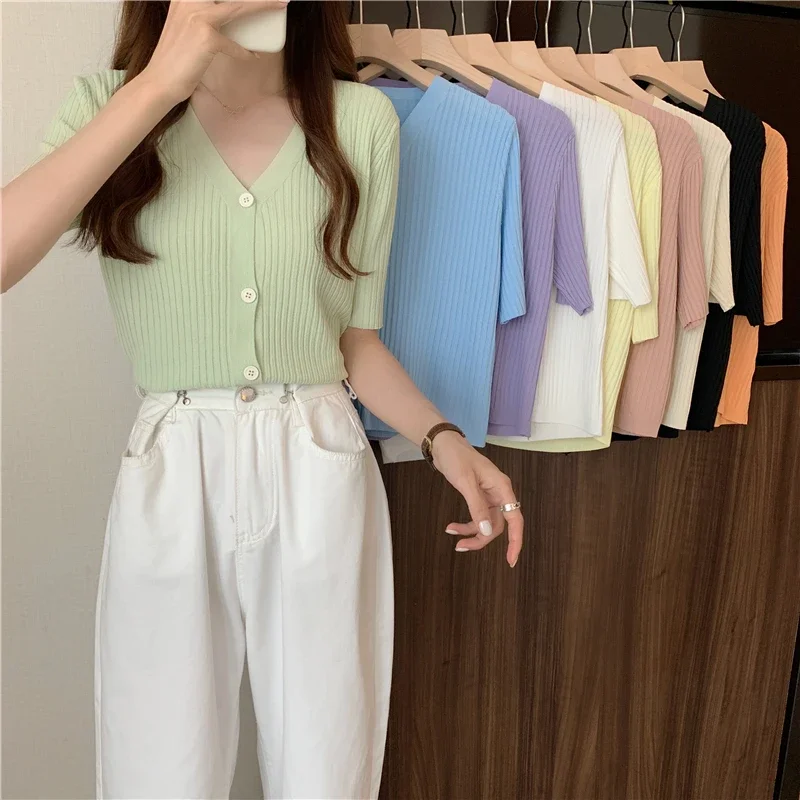 Summer Knitted Cardigans Women Korean Fashion Basics Multicolor Ice Silk Thin Short Sleeve Cardigan Crop Tops