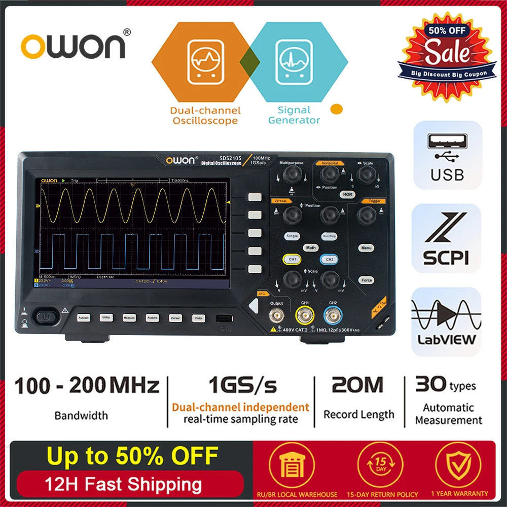 Owon Digital Oscilloscope SDS210 100Mhz 2CH 1GS/s 20M FFT+ SDS210S 25MHz 14Bit 125MSa/s Signal Generator Usb Oscilloscope