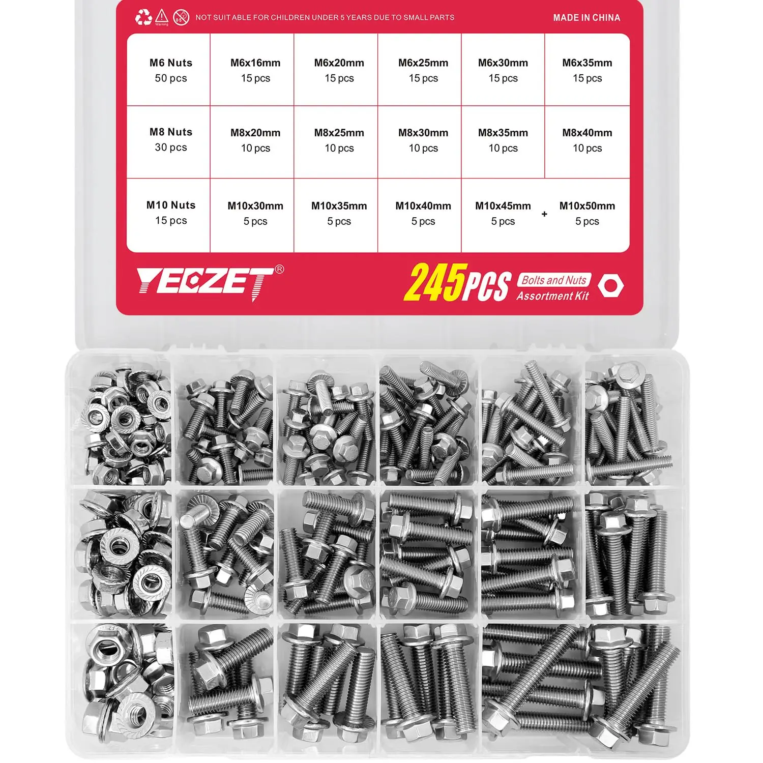 M6 M8 M10 Heavy Duty Flanged Bolts and Nuts Kit,Stainless Steel 304 Metric Flanged Hex Screws Nuts Includes 15 Most Common Sizes