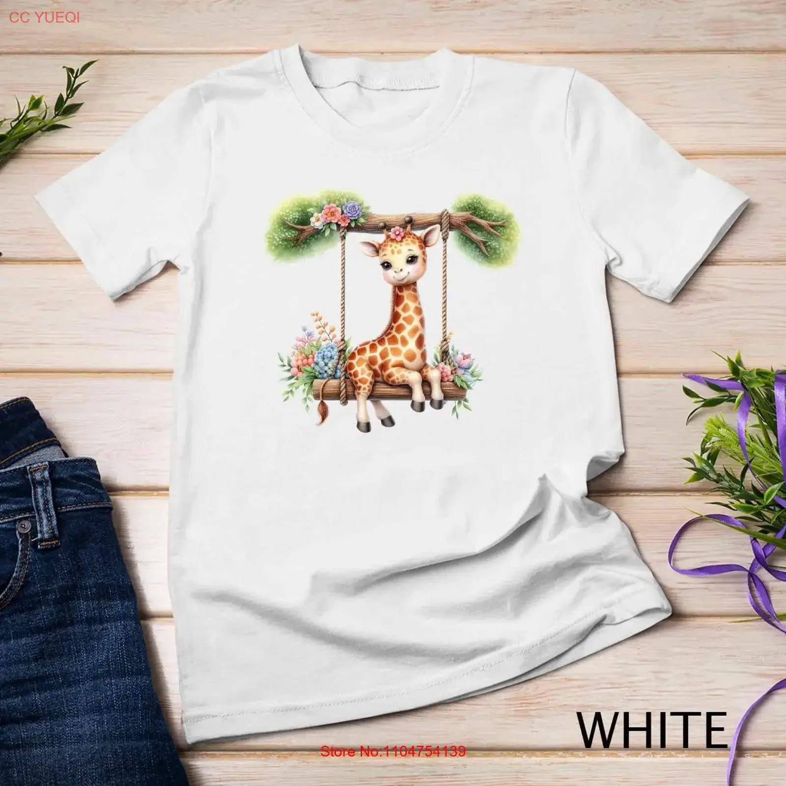 Sweet Little Giraffe on a Floral Swing Gentle and Whimsical Design for Children T Shirt SweaT vintage Washed fashion Versatile
