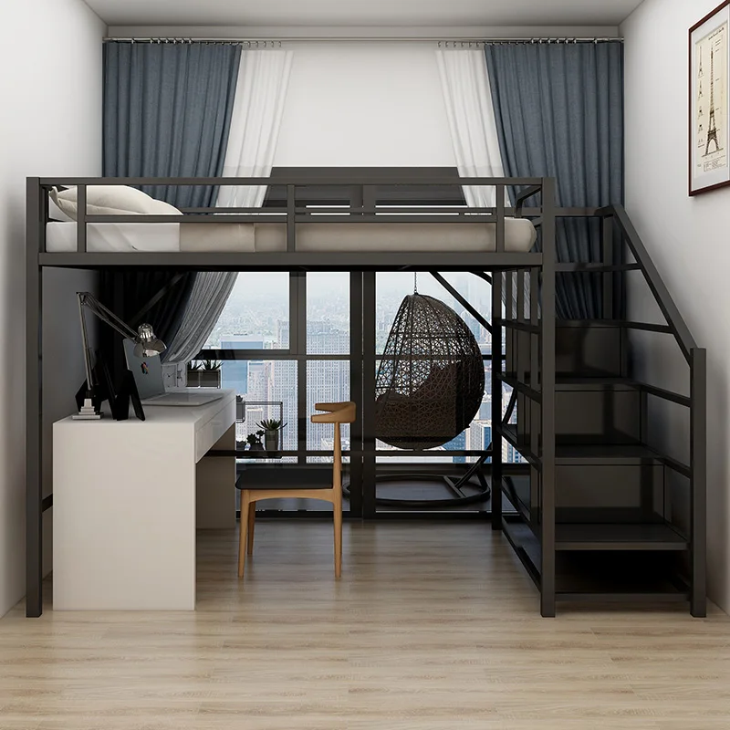 Wrought iron elevated bed sheet upper layer adult children bunk bed loft duplex second floor space saving upper and lower bunk i