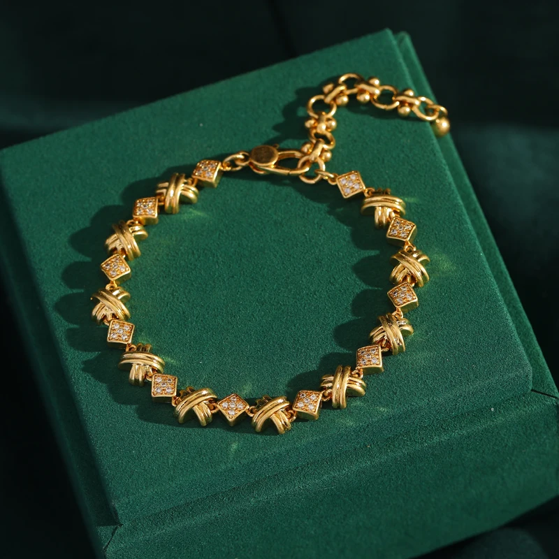 

Vintage French Style Antique Gold Color Cross Bracelet Patterned Copper Rhinestone Inlay Layered Jewelry for Women 2026 New In