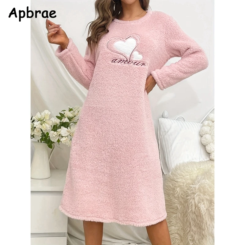 Heart Print Flannel Nightgown for Women Winter Women Long Sleeves Nightgowns Long Woman Sleepshirt Pullover Pajama Dress