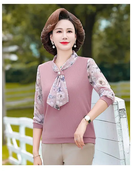 T-shirt da donna di mezza età in stile occidentale della mamma Top a maniche lunghe di mezza età e anziani