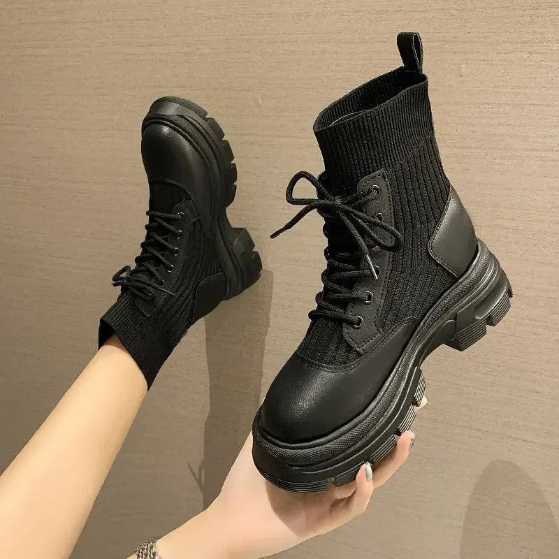 Buty damskie Flying Weaving Autumn Winter New Round Toe Lace-up High Heel Comfort Short Boots Flat Heel Fashion Ankle Boots