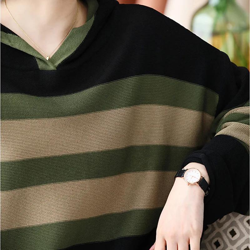 Women's Autumn Winter Stripe Long Sleeve Hoodie Sweater Fashion Versatile Pullover Casual Loose Female Clothes Elegant Lady Tops