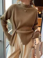 2024 Women Sweater Pullovers Turtlneck Casual Autumn Winter Split Fork Button Chic Sweater Female Slim Knit Top Soft Jumper Tops