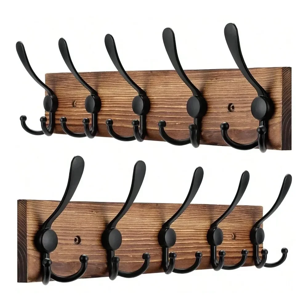 

Large Coat Rack Wall Mount Coat Hooks Coat Hanger With 8 Metal Black Triple Hooks Brown Pine Real Wood Plank Hat Rack Wall Hook