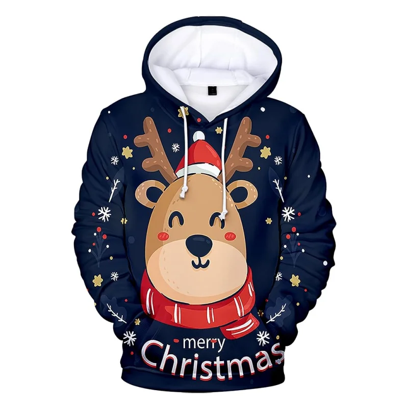 Cartoon Christmas Elk Print Sweatshirts For Men New Year Party Clothes For Kids Fashion Trend X\'mas Hooded Shirt Autumn Pullover