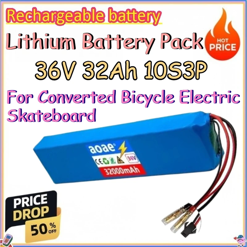 36V 32Ah Lithium Battery Pack for Converted Bicycle Electric Skateboard Replace Rechargeable 18650 Lithium Battery Pack