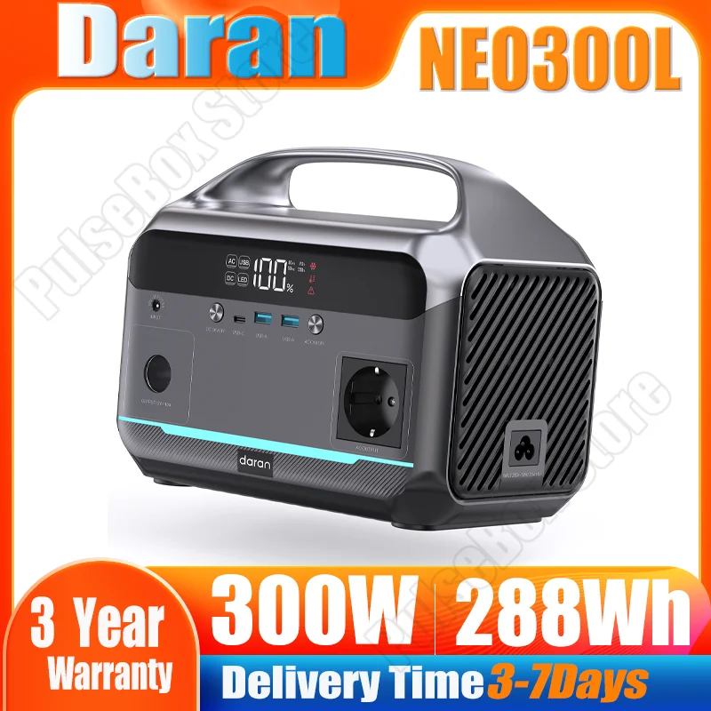 Estación de Energía Portátil Daran NEO300L 288Wh, Generador Solar de 350W, Batería de Respaldo, Recarga Rápida de 100W, Toma de Corriente Alterna, Banco de Energía USB-C para Camping, RV, Viajes, Emergencias en el Hogar