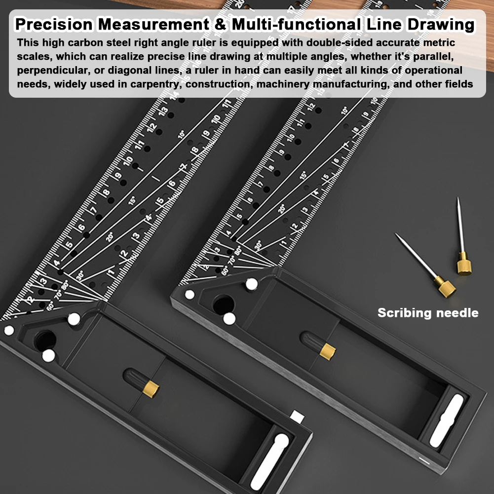 Right Angle Ruler 90 Degree Multi-Holes High Carbon Steel Angle Ruler Woodworking Lines Drawing Ruler Precise Scale Scriber