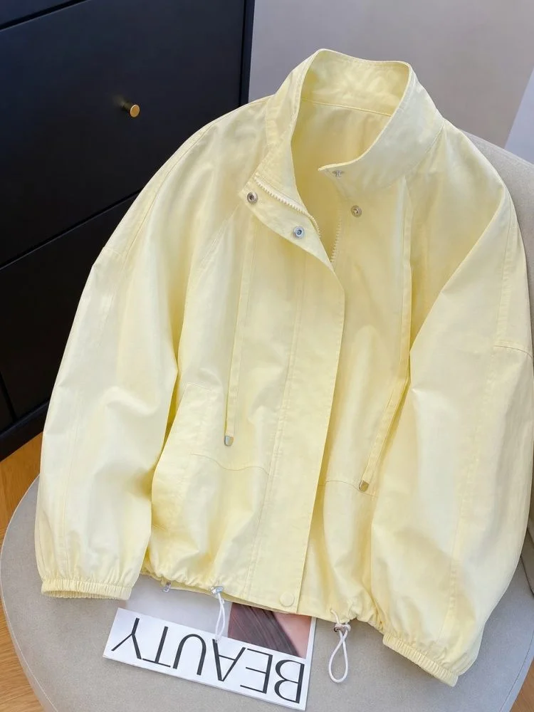 

Yellow Workwear Jacket Lightweight Casual Short Style for Small Figures UV Protection Zipper Closure Iron-Free Summer Fashion