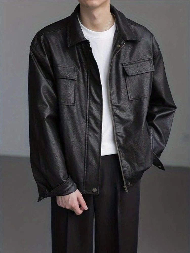 

Острая мотоциклетная куртка из искусственной кожи, свободная дизайнерская куртка-карго для мужчин и женщин, осенне-зимняя куртка в стиле ретро, уличная одежда унисекс ​