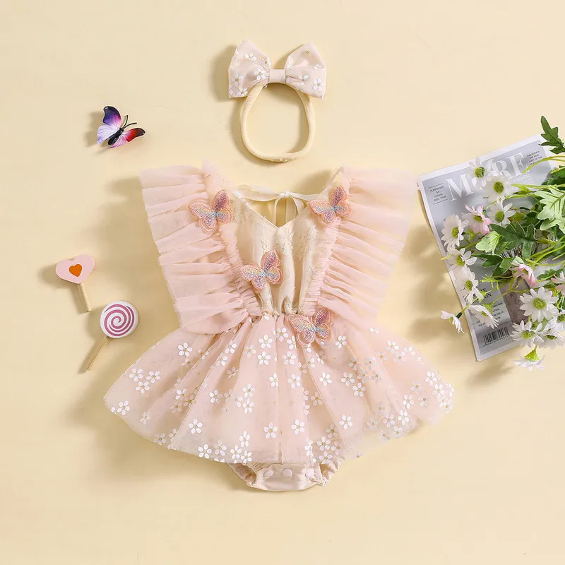 Newborn Baby Girl Bodysuit Summer Clothes Flying Sleeve V-Neck Tulle 3D Butterfly Floral Jumpsuit with Headband Baby Clothing