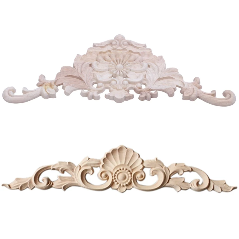 2Pcs Rubber Wood Carved Applique Retro Furniture Craft Decor - 38 X 15 X 1.2Cm & 30 X 7Cm