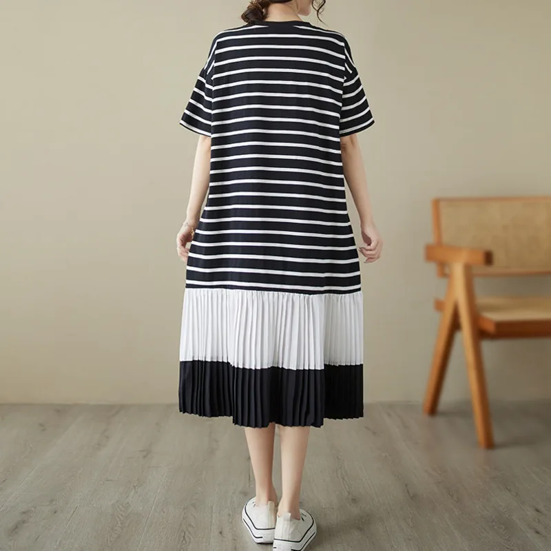 #6643 Black And White Striped T Shirt Dress Women Loose Split Joint Pleated A-line Dress Short Sleeve Summer Tshirt Dress Female