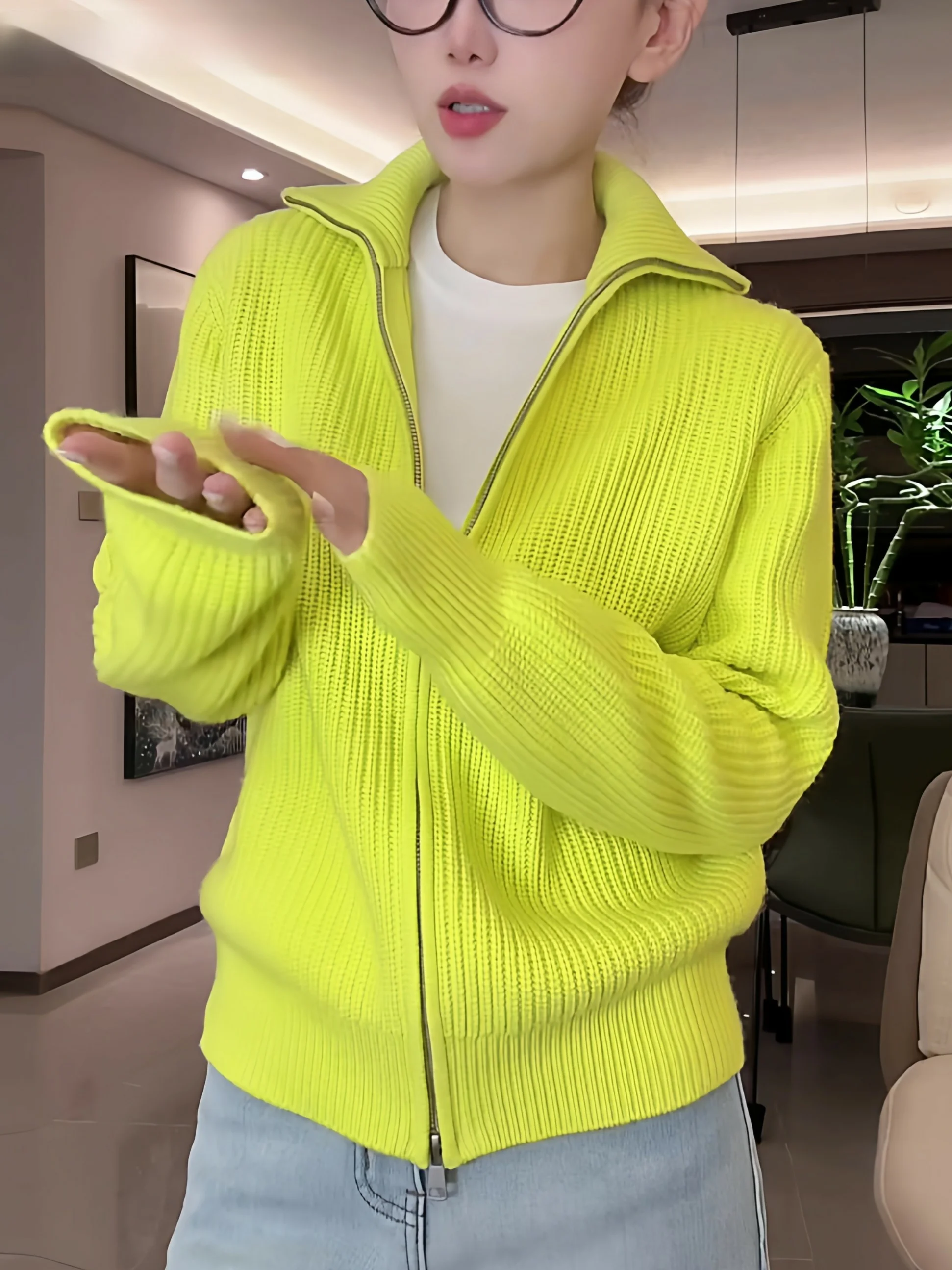 

La Chapelle Women's Loose Knitted Yellow Sweater Spring Autumn Winter Open Cardigan Sle Comfortable Casual Faionable