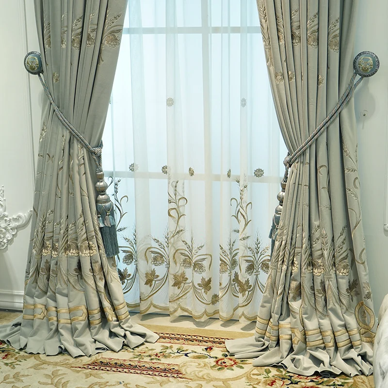 High-end Grey Blue Embroidered Flannelette Thickened Blackout Curtains for Living Room Bedroom Villa French Window Customized