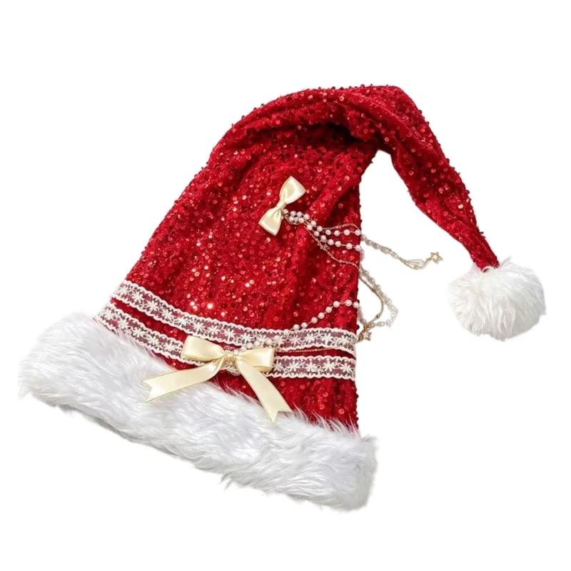 Christmas Cap Headwear with Extended Red Reflective Disc Decoration and White Long-Pile Trim for Holiday Photos Y08E